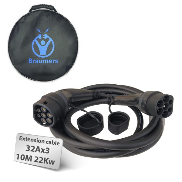 כבל מאריך לטעינת רכב חשמלי תלת פאזי 10 מטר Braumers EV CHARGING CABLE 3PHASE 22KW Type 2 to Type 2