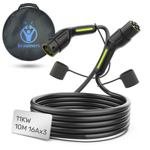 כבל טעינה לרכב חשמלי תלת פאזי 10 מטר BRAUMERS 16Ax3 11Kw Type2 to Type2